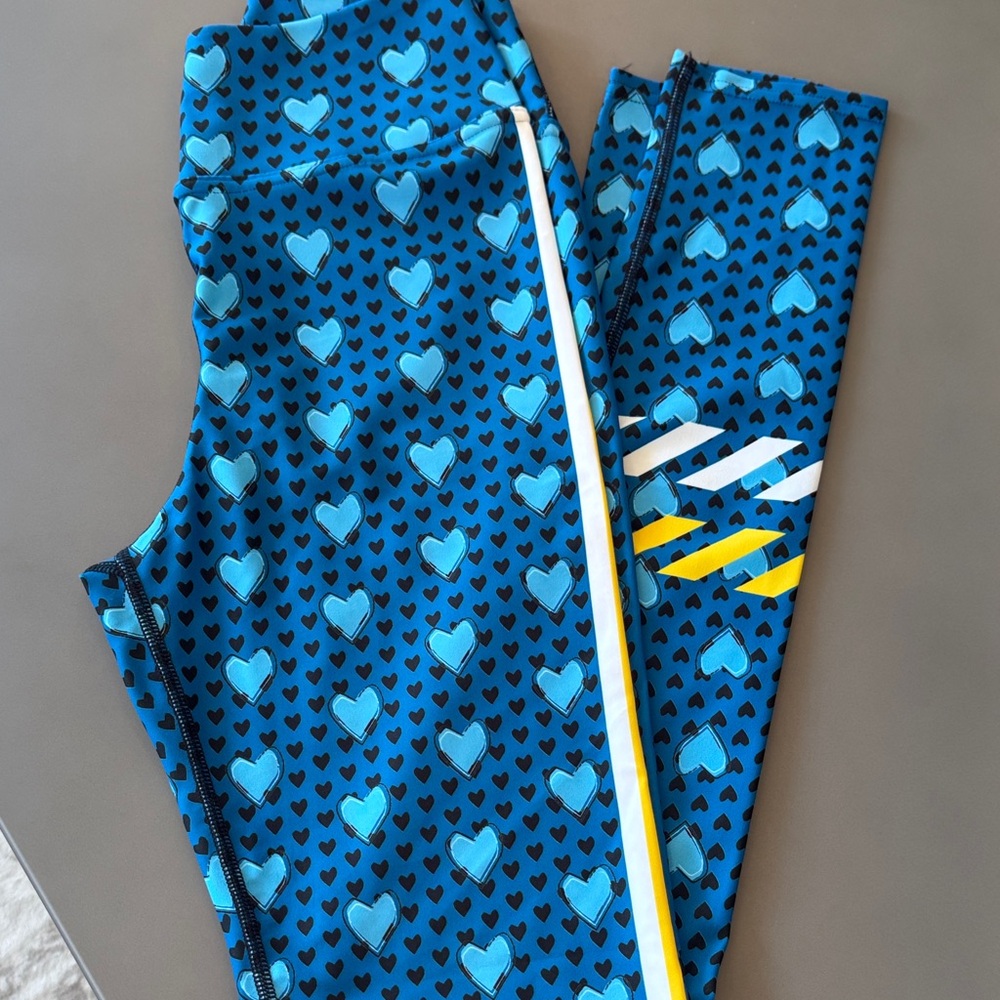 Blue Heart-Print Leggings with Stripe Accent